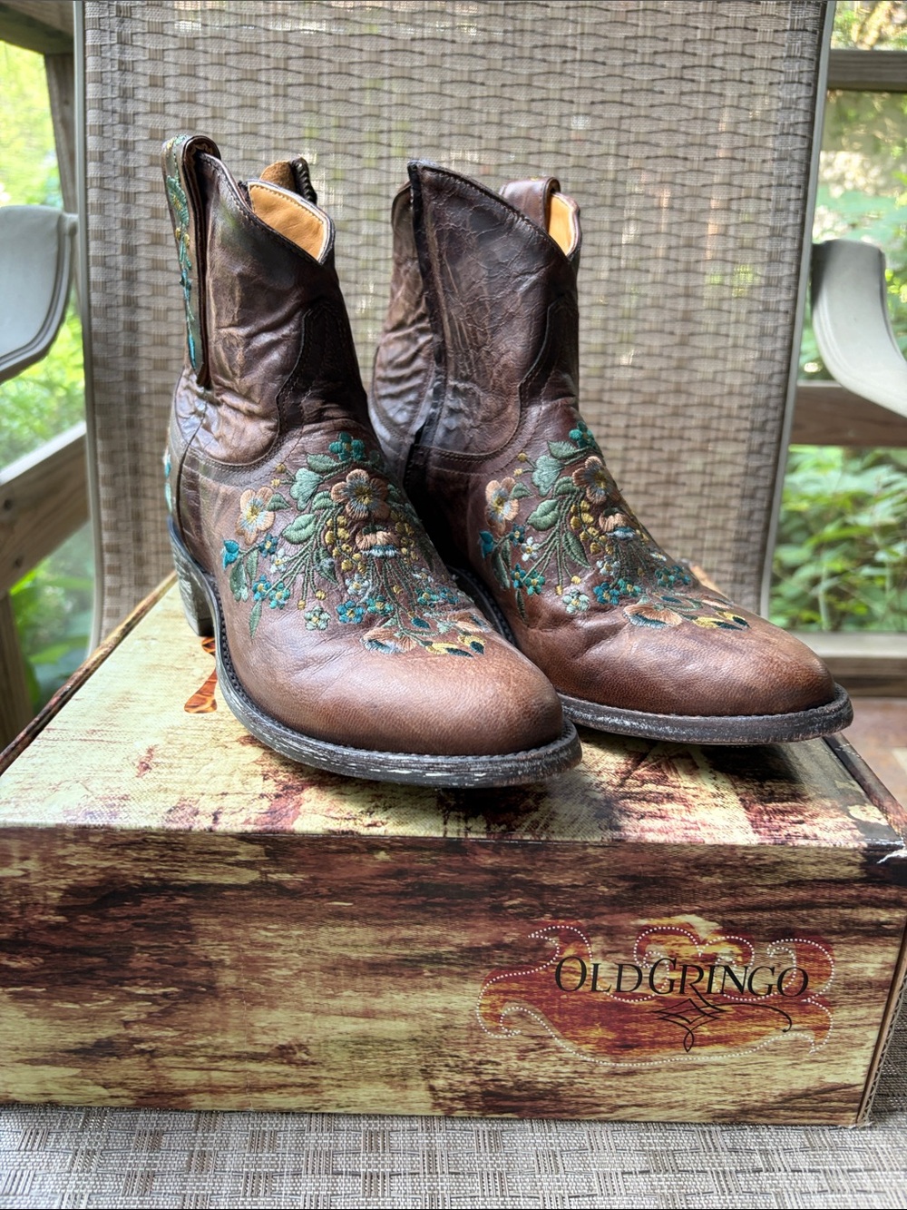 Old Gringo Brown Leather Ankle Boots with Teal & Green Floral Embroidery